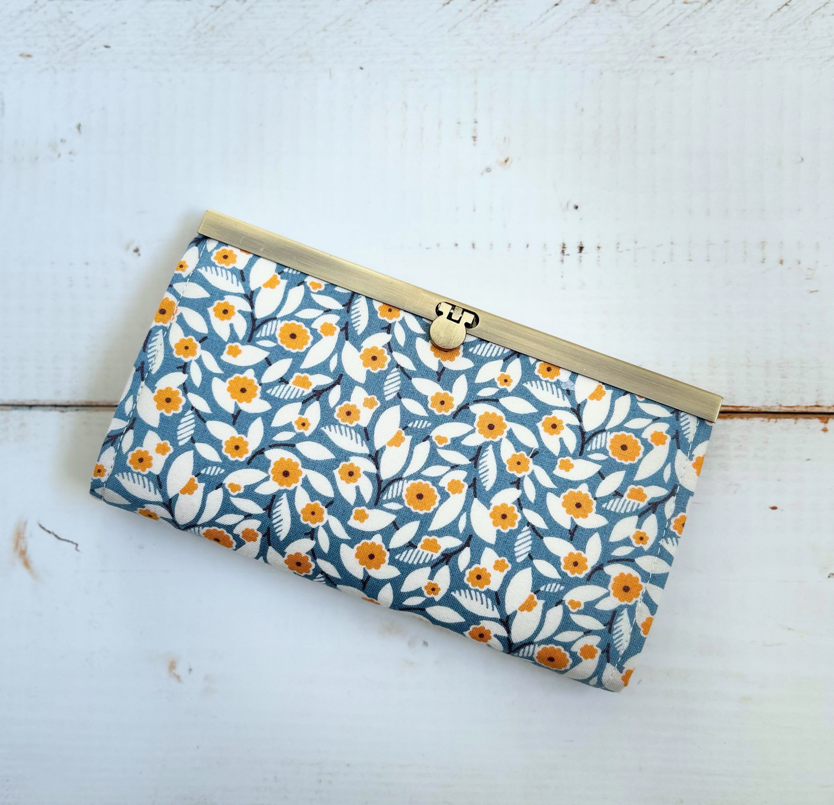 綿麻イエロー花柄柄 長財布  がま口