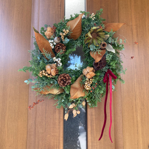 針葉樹とホワイトコットンのクリスマスリース☆冬リース 森の針葉樹香るホワイトクリスマスリース ドライフラワー