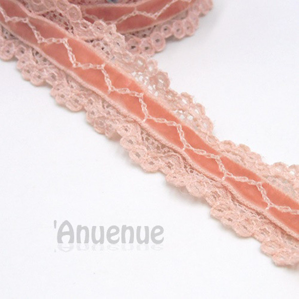 ベルベット＆レースリボン（Pink / ピンク）20mm×50cm 1枚目の画像
