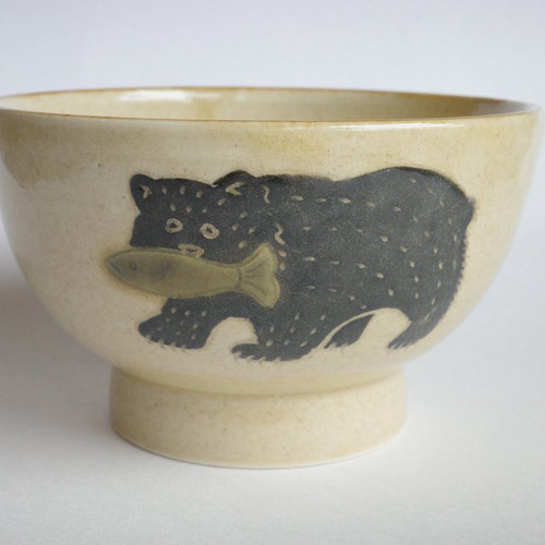 熊と鮭のお茶碗(イエロー) 飯碗 / ごはん茶碗 / ボウル / 陶器 茶碗