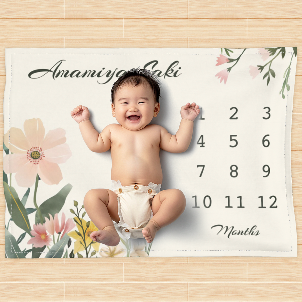 赤ちゃん名前入り寝相アートマット　月齢フォトブランケット　お花