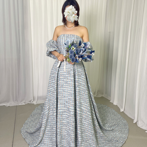 送料無料！パーティードレス ツイードドレス 取り外し袖 編み上げ