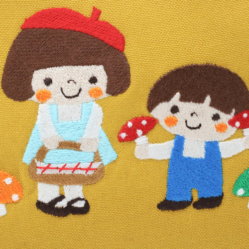 きのこ狩りする姉弟の可愛い刺繍ポーチ マチ付き ポーチ チョコット