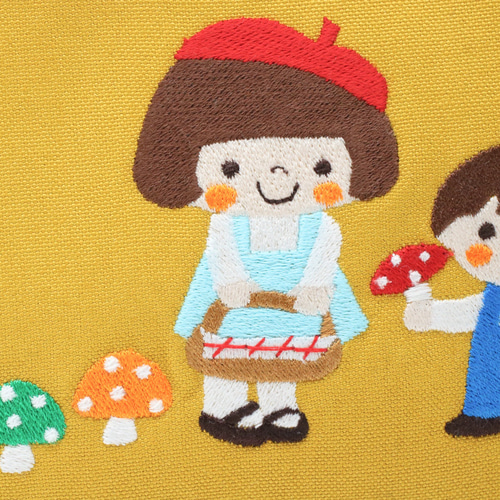 きのこ狩りする姉弟の可愛い刺繍ポーチ マチ付き ポーチ チョコット
