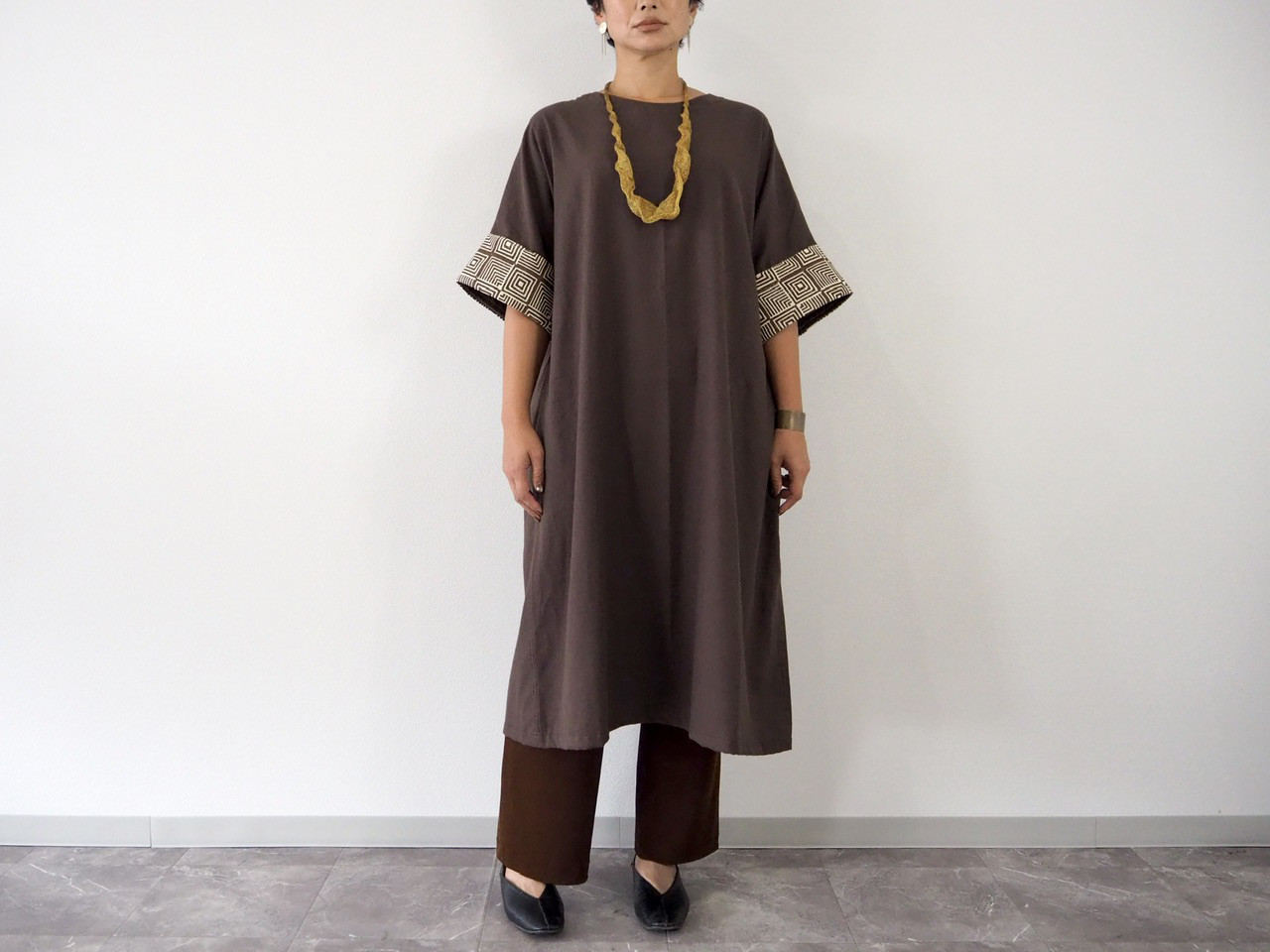 ブロックプリント/起毛コットン/3way Aラインワンピース