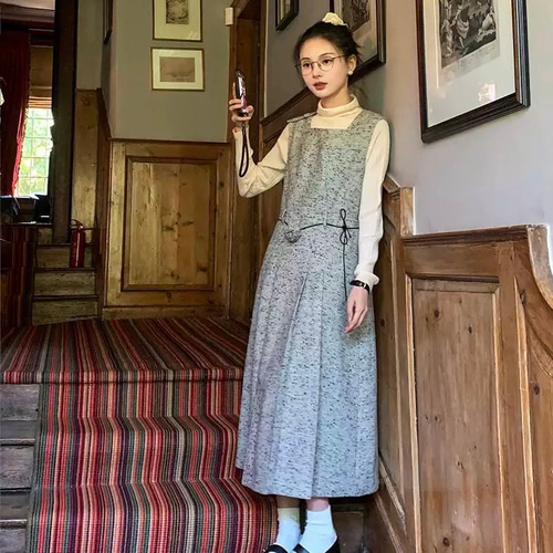 2色 Aラインタック付きジャンパースカート 薔薇付きウエストリボン【春  