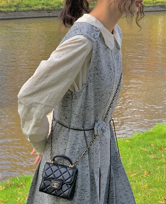 2色　Aラインタック付きジャンパースカート　薔薇付きウエストリボン【春秋冬】グレー/ブラウン 5枚目の画像