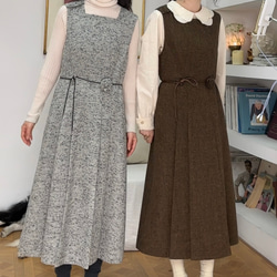 2色　Aラインタック付きジャンパースカート　薔薇付きウエストリボン【春秋冬】グレー/ブラウン 18枚目の画像