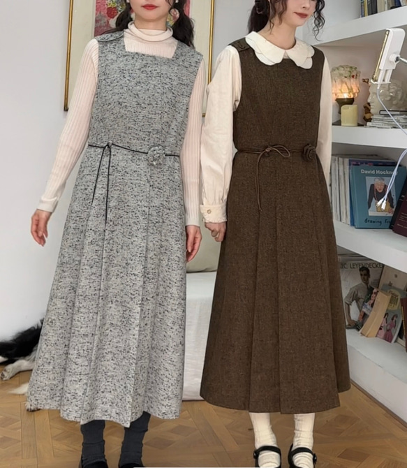 2色　Aラインタック付きジャンパースカート　薔薇付きウエストリボン【春秋冬】グレー/ブラウン 18枚目の画像