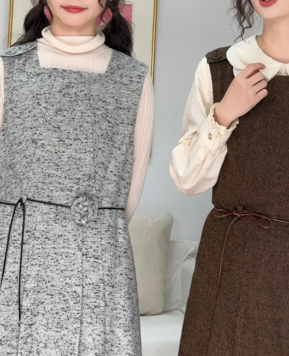 2色　Aラインタック付きジャンパースカート　薔薇付きウエストリボン【春秋冬】グレー/ブラウン 17枚目の画像
