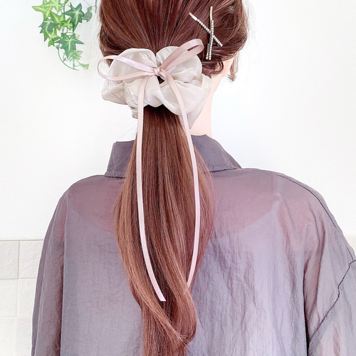 モカ】リボンシュシュ サテンリボン シフォン シュシュ ヘアゴム 結婚
