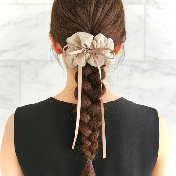 モカ】リボンシュシュ サテンリボン シフォン シュシュ ヘアゴム 結婚