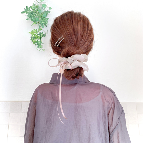 モカ】リボンシュシュ サテンリボン シフォン シュシュ ヘアゴム