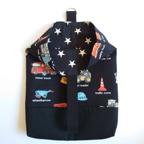 白の 働く車 柄 × 水色星柄 シューズケース 上履き袋 上履き入れ