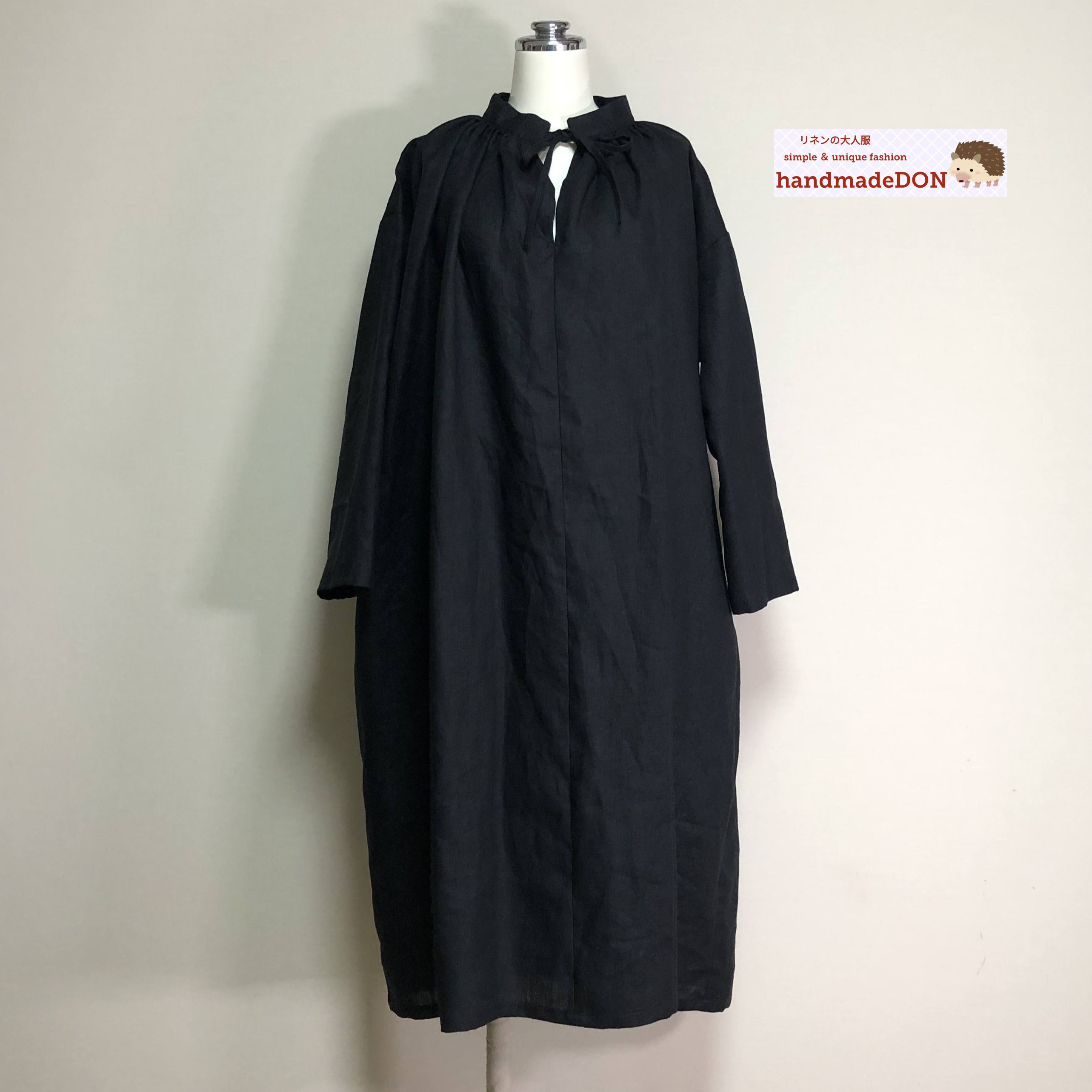 リネン◆キーネックギャザーワンピース◆黒◆フリーサイズ（中厚、リネン100％）