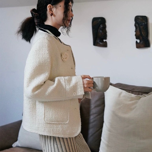 2色 ノーカラーツイードコート/ジャケット【春秋冬】アイボリー