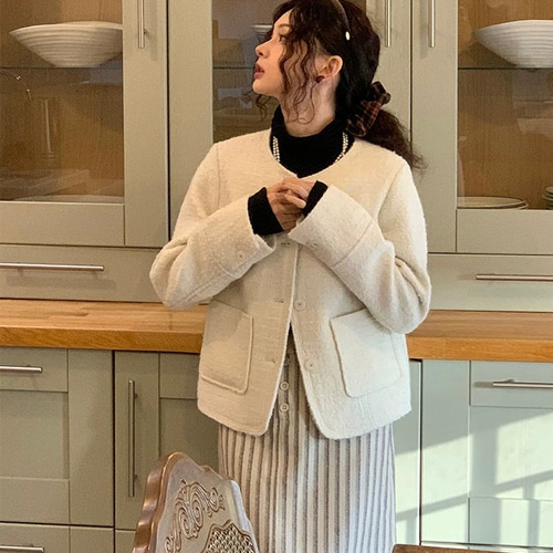 2色 ノーカラーツイードコート/ジャケット【春秋冬】アイボリー