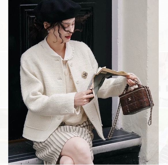 2色 ノーカラーツイードコート/ジャケット【春秋冬】アイボリー