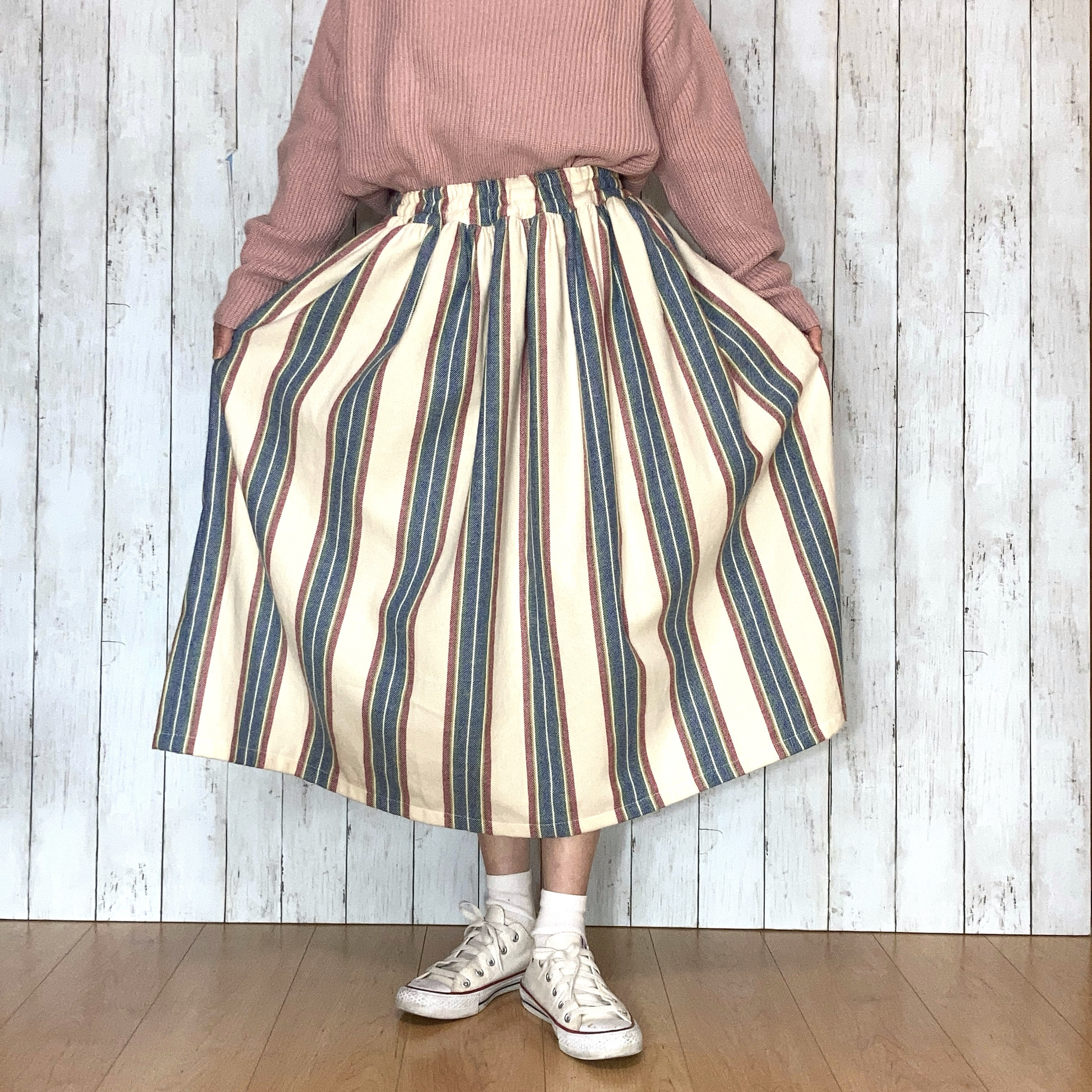 受注作品＊播州織起毛綿カラフルストライプのギャザースカートby花織［Y2471］