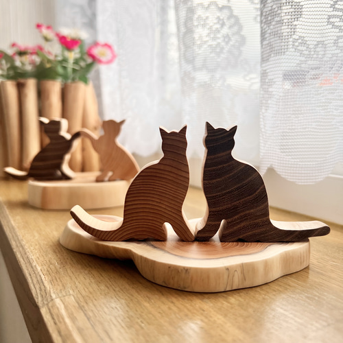 猫 置物 木製 2匹セット 天然 インテリア オブジェ ナチュラル