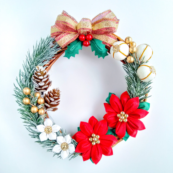 クリスマスリース ポインセチア ひいらぎ 玉飾り つまみ細工 布 雑貨