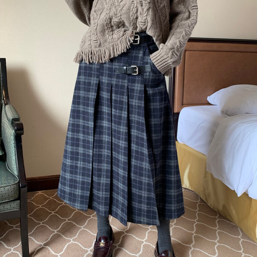 2色 ウール混タック付きスカート チェック柄 ポケット付き【秋冬