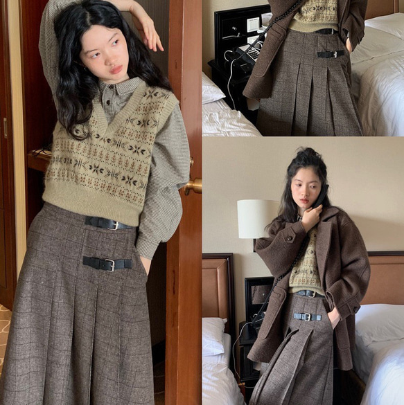 2色 ウール混タック付きスカート チェック柄　ポケット付き【秋冬】ブラウン系/ネイビー系 8枚目の画像