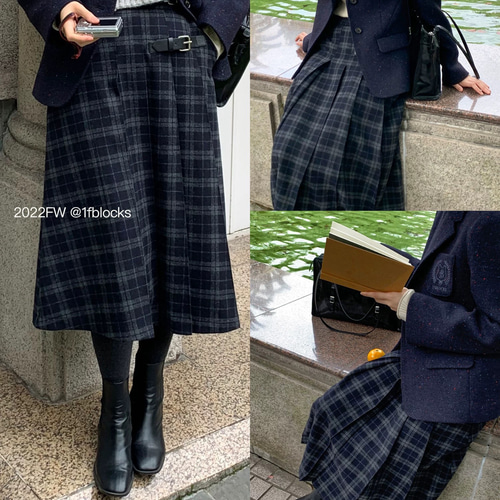 2色 ウール混タック付きスカート チェック柄 ポケット付き【秋冬