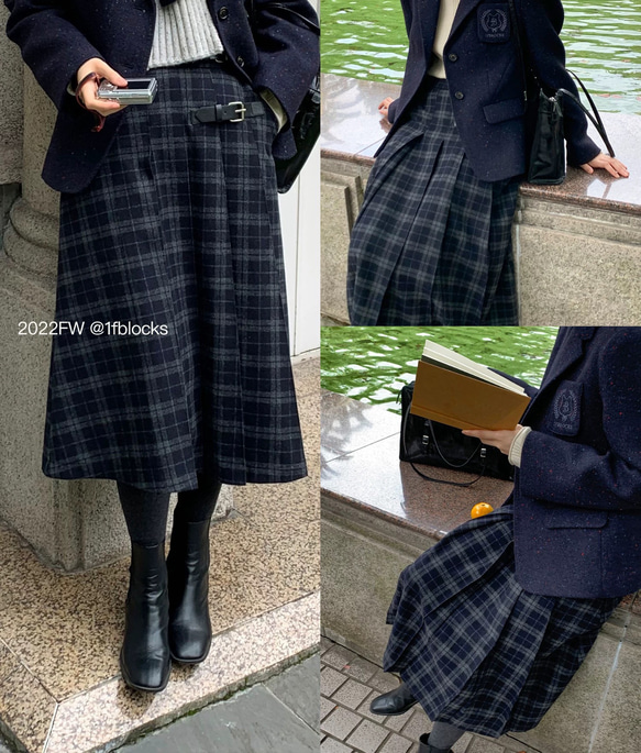 2色 ウール混タック付きスカート チェック柄　ポケット付き【秋冬】ブラウン系/ネイビー系 10枚目の画像