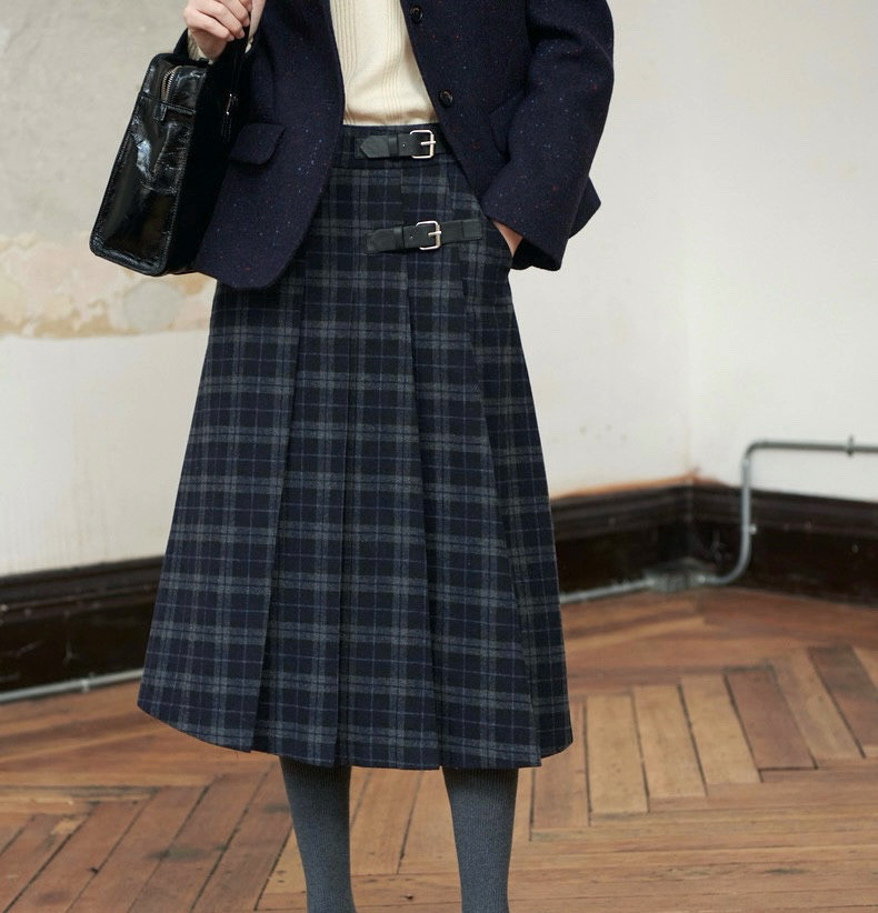 2色 ウール混タック付きスカート チェック柄　ポケット付き【秋冬】ブラウン系/ネイビー系