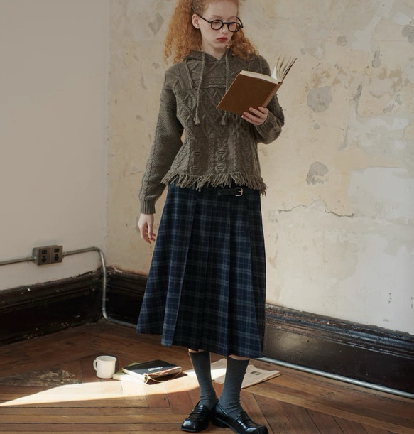 2色 ウール混タック付きスカート チェック柄　ポケット付き【秋冬】ブラウン系/ネイビー系 11枚目の画像