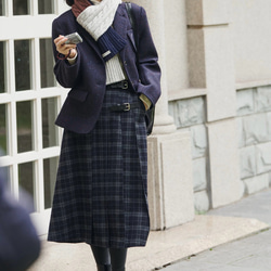 2色 ウール混タック付きスカート チェック柄　ポケット付き【秋冬】ブラウン系/ネイビー系 9枚目の画像