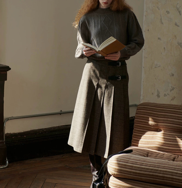 2色 ウール混タック付きスカート チェック柄　ポケット付き【秋冬】ブラウン系/ネイビー系 12枚目の画像