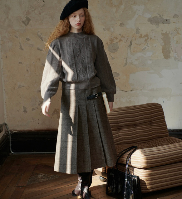 2色 ウール混タック付きスカート チェック柄　ポケット付き【秋冬】ブラウン系/ネイビー系 6枚目の画像