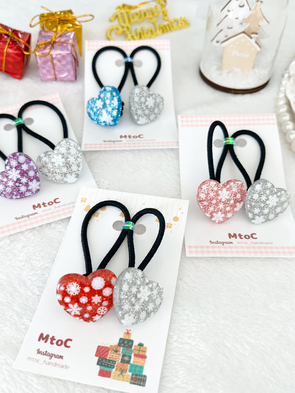 キラキラ雪の結晶ハートレジンヘアゴム