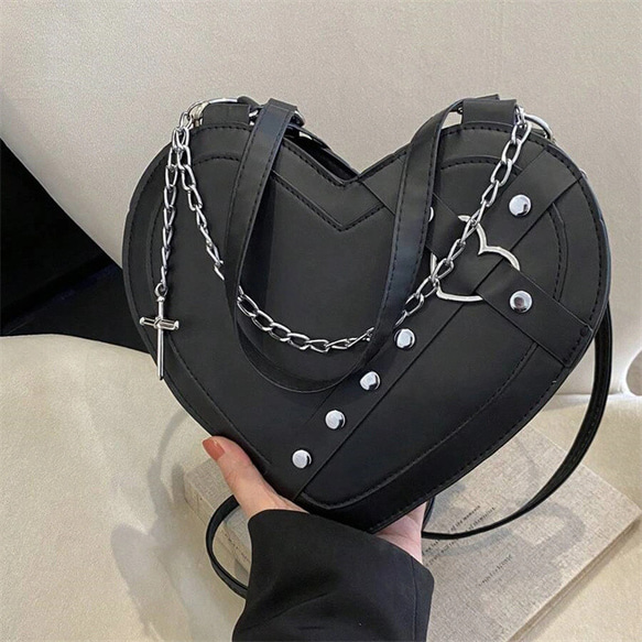 パンクスタイル飾りビーズのハート型 ショルダーバッグ