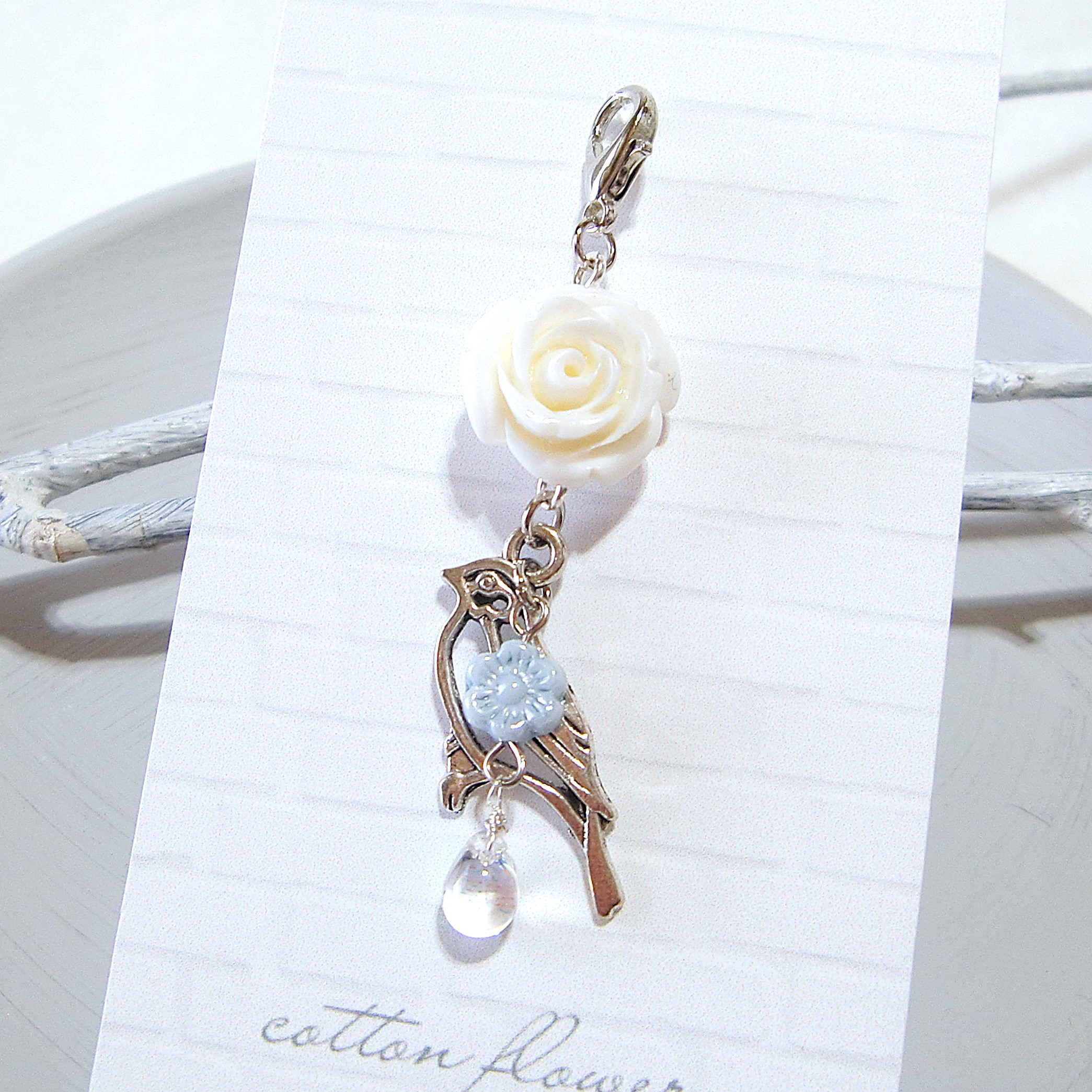 白い薔薇と鳥 チャーム バッグチャーム Cotton flower 通販
