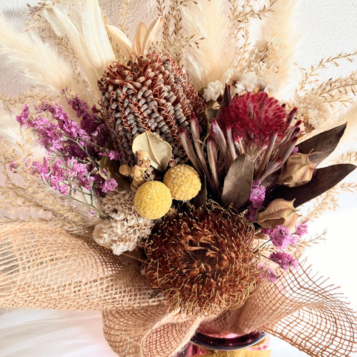 ふわふわパンパスとススキのワイルドフラワースワッグ 秋 冬 ブーケ