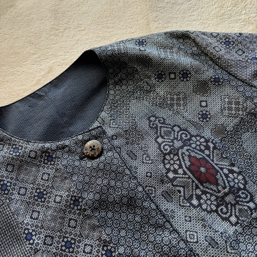 アンティーク大島紬のパッチワークコート リバーシブル 青 着物