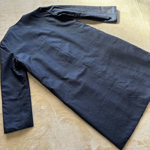 着物リメイク　かすりパッチワーク パッチワークデザイン ロングコート ネイビー系 着物リメイク かすりパッチワーク パッチワークデザイン ロング