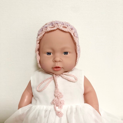 ニューボーンベビー~ベビー 手編み 帽子 ピンク×ラベンダー ニューボーンベビー~ベビー 手編み 帽子 ピンク×ラベンダー