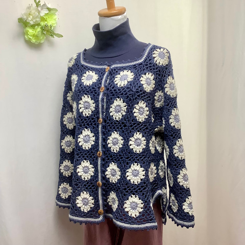 秋冬ウール混○M~LL○モチーフ編みカーディガン(和藍) カーディガン