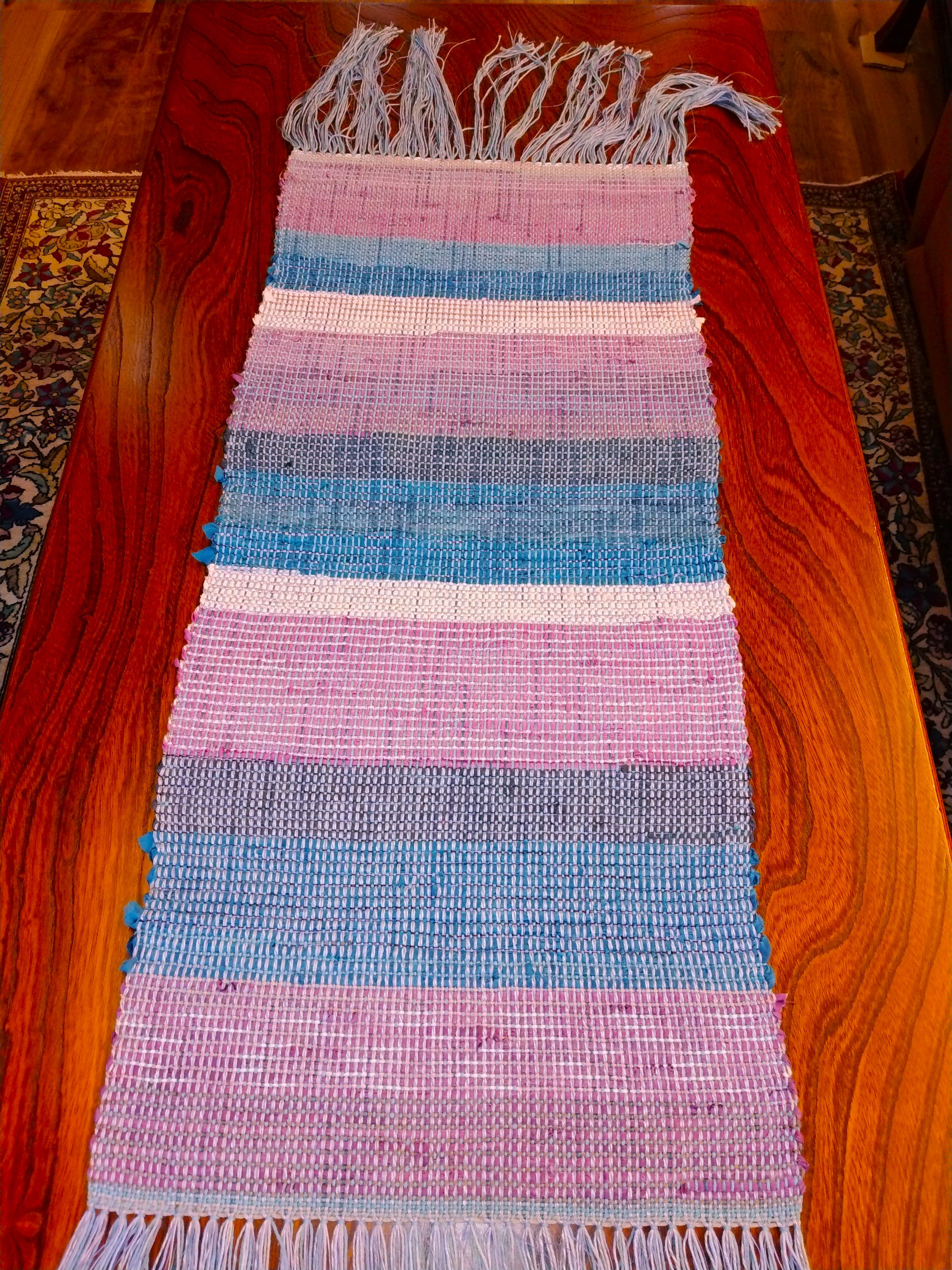 手織り シルク裂き織 ブルー＆パープルマット（テーブルランナー）