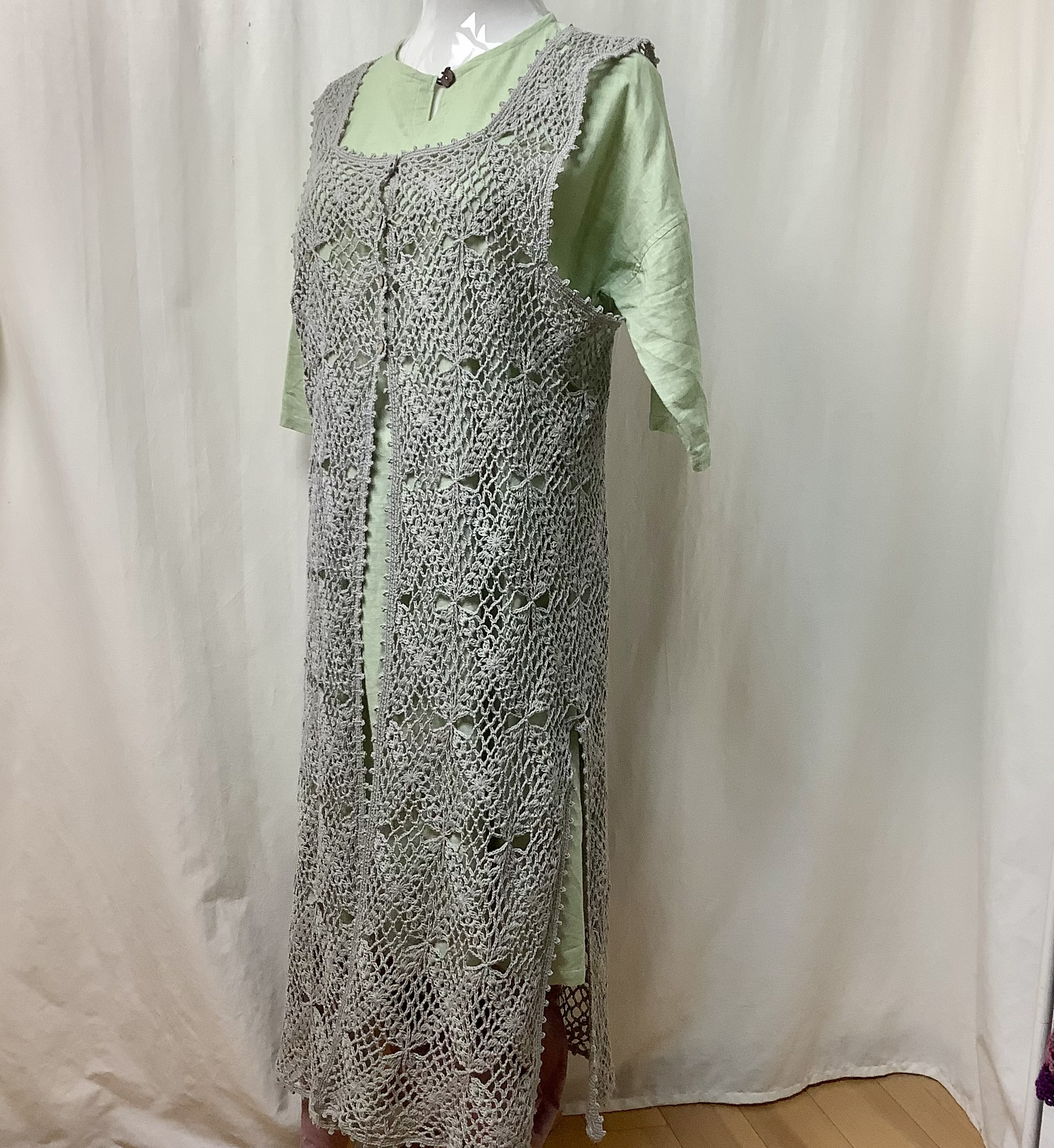 送料込●コットンリネン●モチーフ・ロングジレ（グレー）