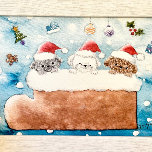 透明水彩画 A4ポスター「わんちゃんたちのクリスマス」クリスマス