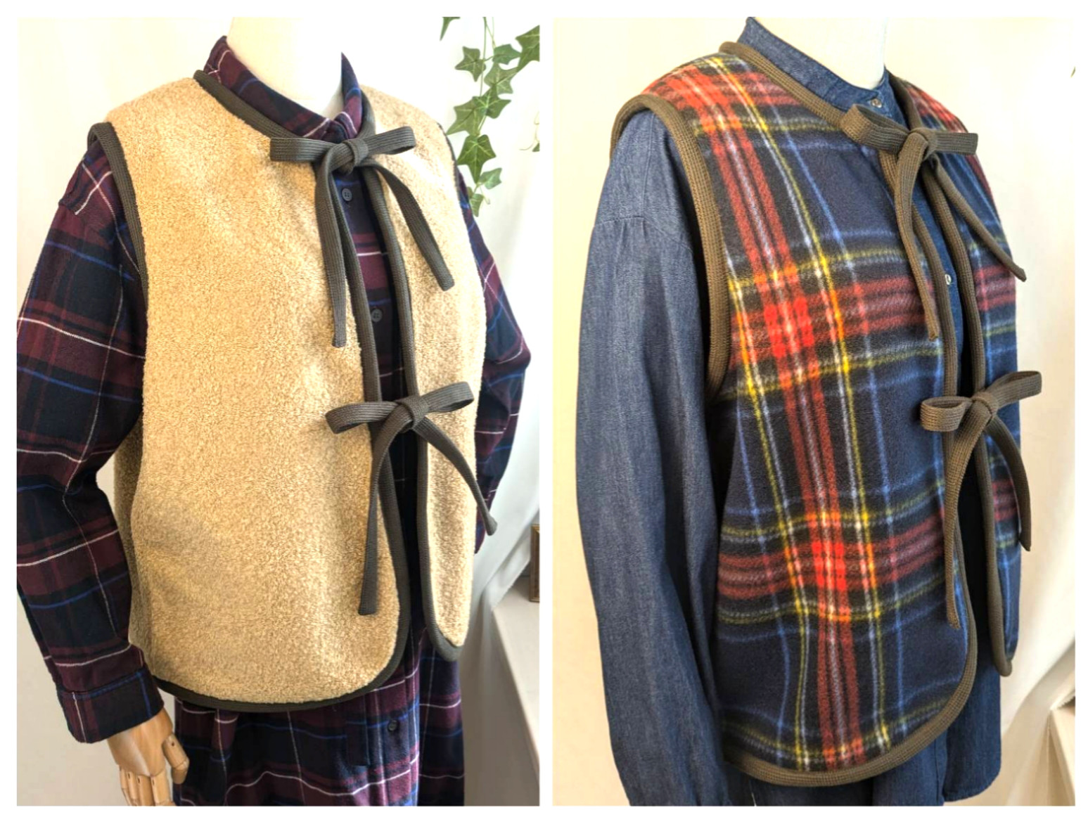 リバーシブル テディファーとタータンチェックのベスト【ベージュ】