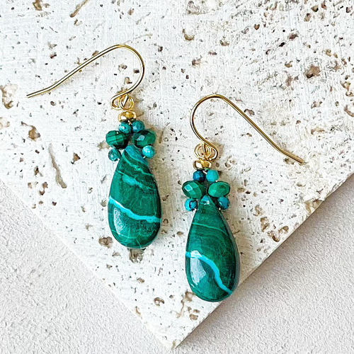 14kgfクリソコラマラカイトピアス 14kgfカボションピアス（天然石マラカイト 6mm）「ゴールドフィルド