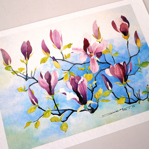 モクレン 】 ORIGINAL GICLEE 水彩画を高級紙に印刷した鑑賞用絵画