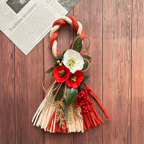 No.227 紅白椿と南天のスワッグしめ縄リース2025ハンドメイドお正月