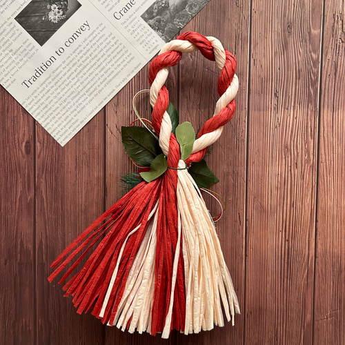 No.227 紅白椿と南天のスワッグしめ縄リース2025ハンドメイドお正月